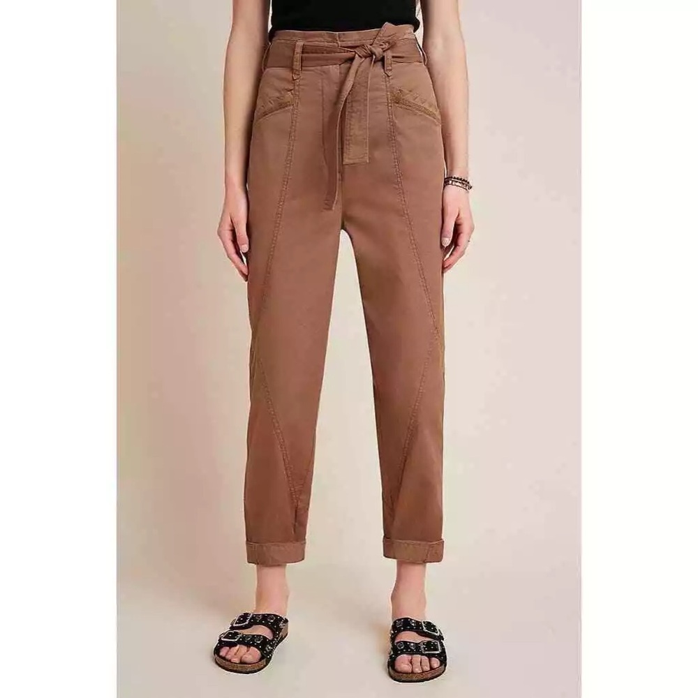 Anthropologie Ellie Embroidered Neutral Tan Utility Paperbag Pants *No Belt*